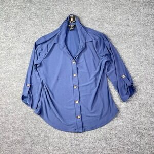 Elie McCarthy Blouse Women Petite Blue Stretch Roll Tab Sleeve Button Shirt - PM